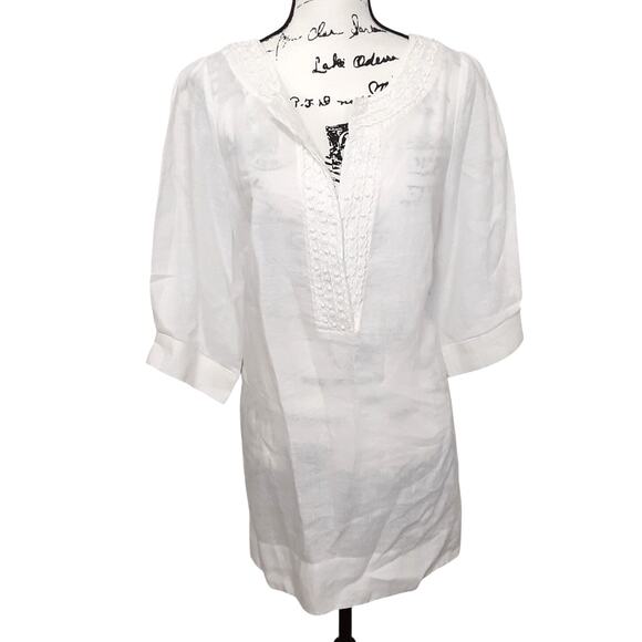 Lilly Pulitzer 100% Linen Tunic Beach Cover Up Beaded White Shift Dress M - Picture 1 of 13